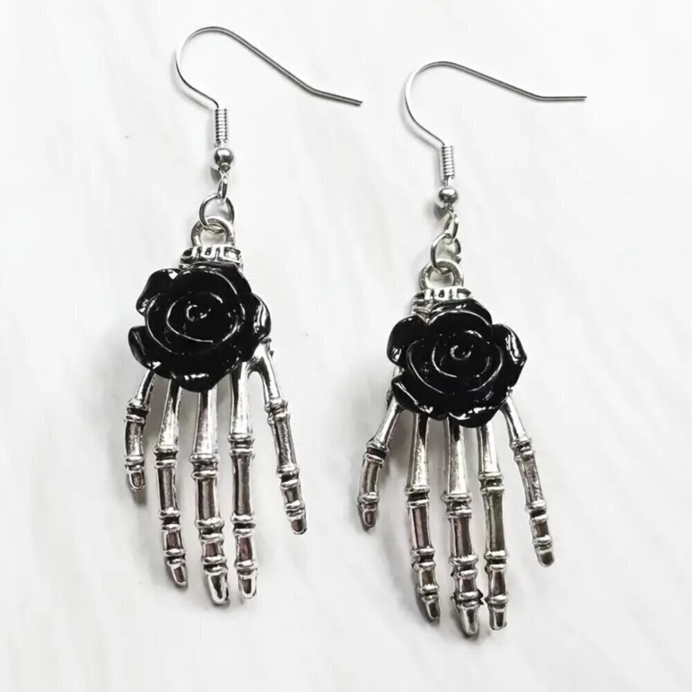 NEW pair of skeleton earrings, Punk jewelry, Skeleton and flower earrings, goth